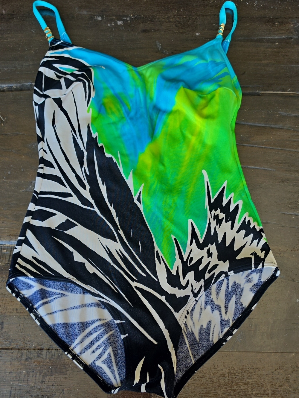 Women’s One-Piece Swimsuit in Turquoise & Green with Black Print